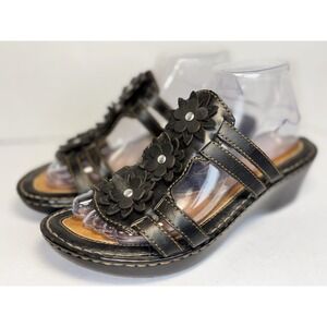 Børn Wedge Slide Sandals Black Leather Flower Detail Women's 9 EU 40.5